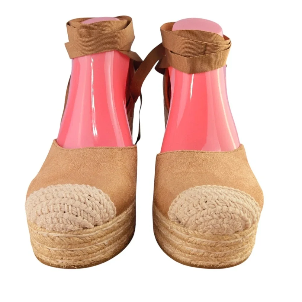 Soda Womens 9 Tan Faux Suede Ribbon Tie Espadrille Wedge Sandals